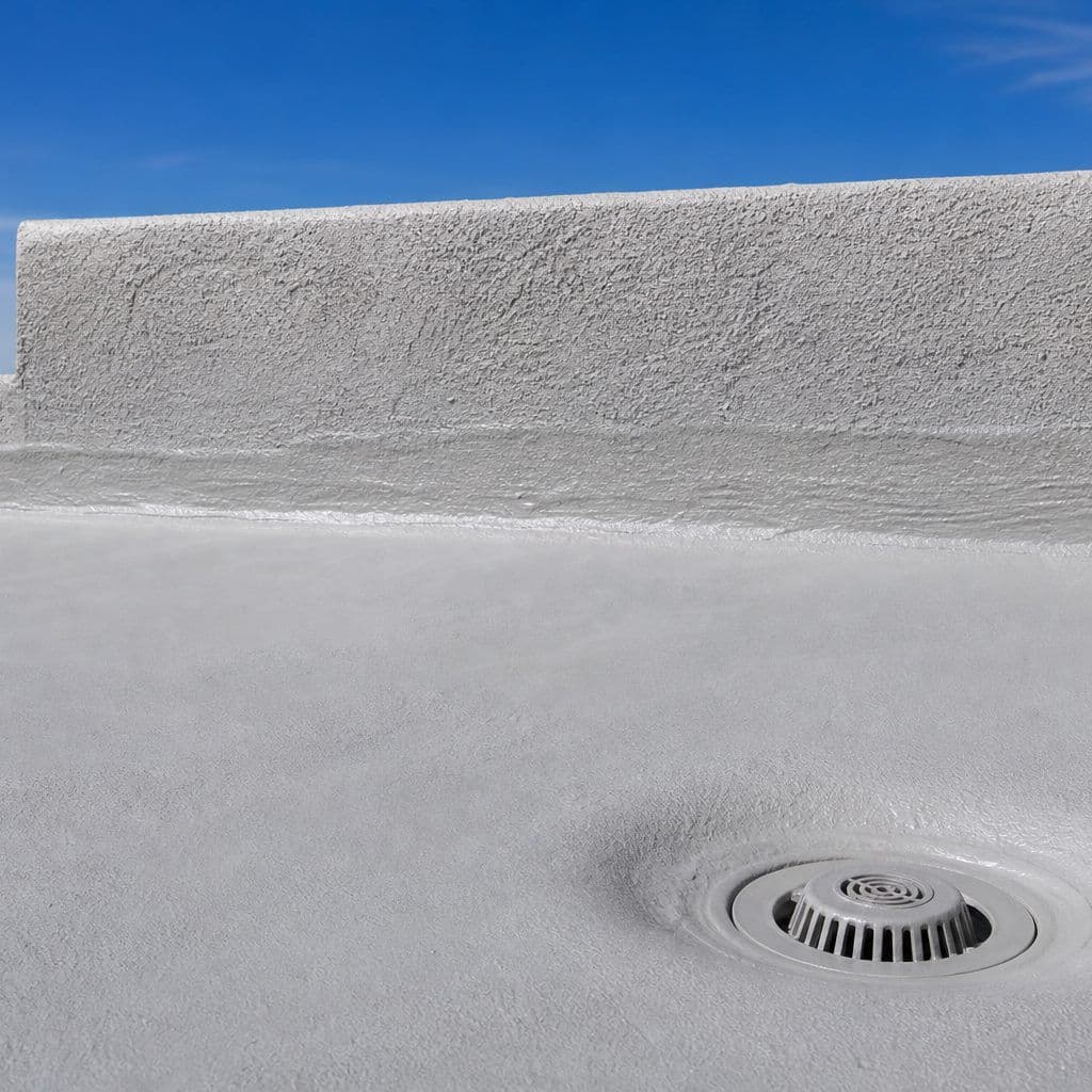 Flat spray polyurethane foam roof with light-gray elastomeric coating and a clean drain inset.