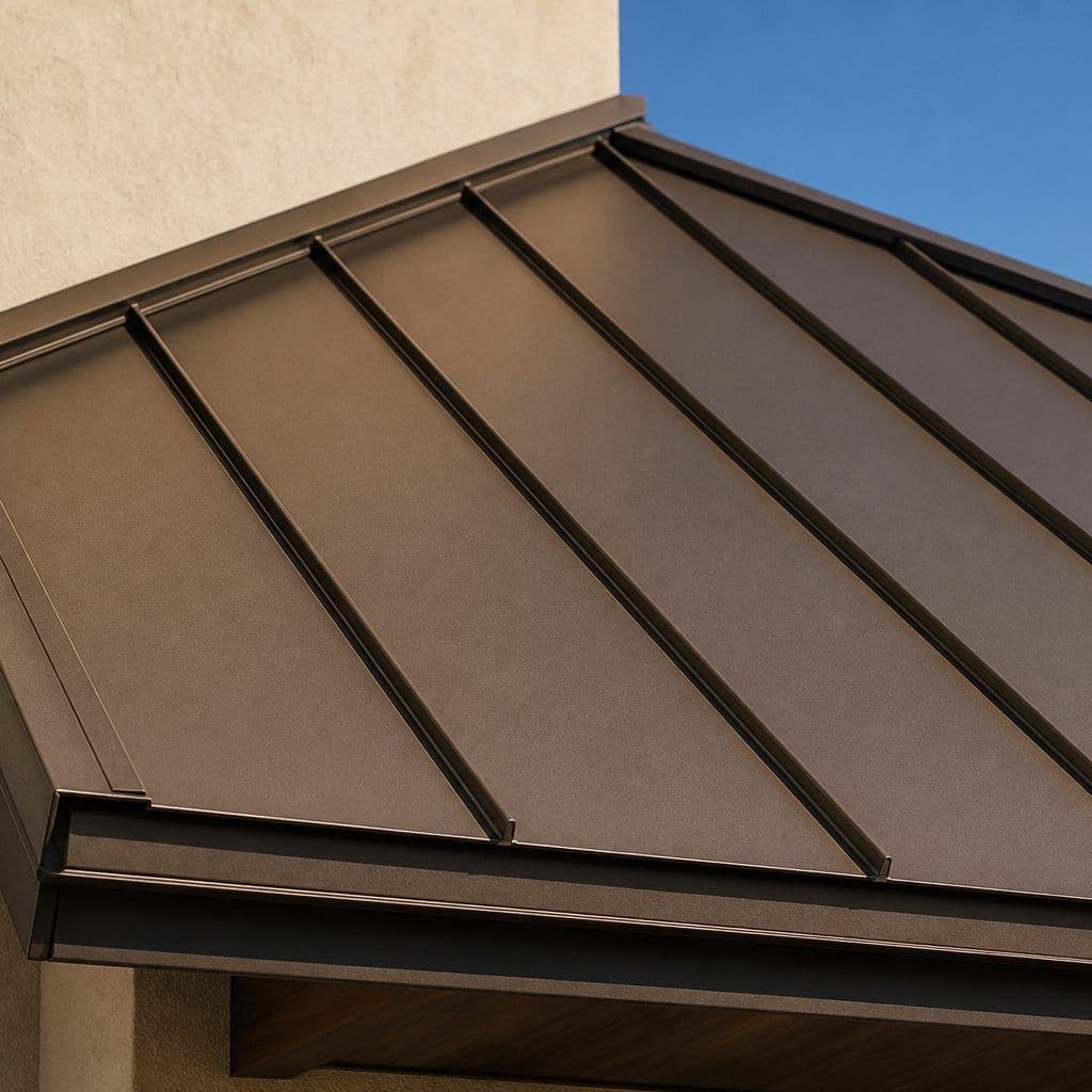 Close-up of gray-brown architectural asphalt shingles with dimensional shadow lines and ridge vent.